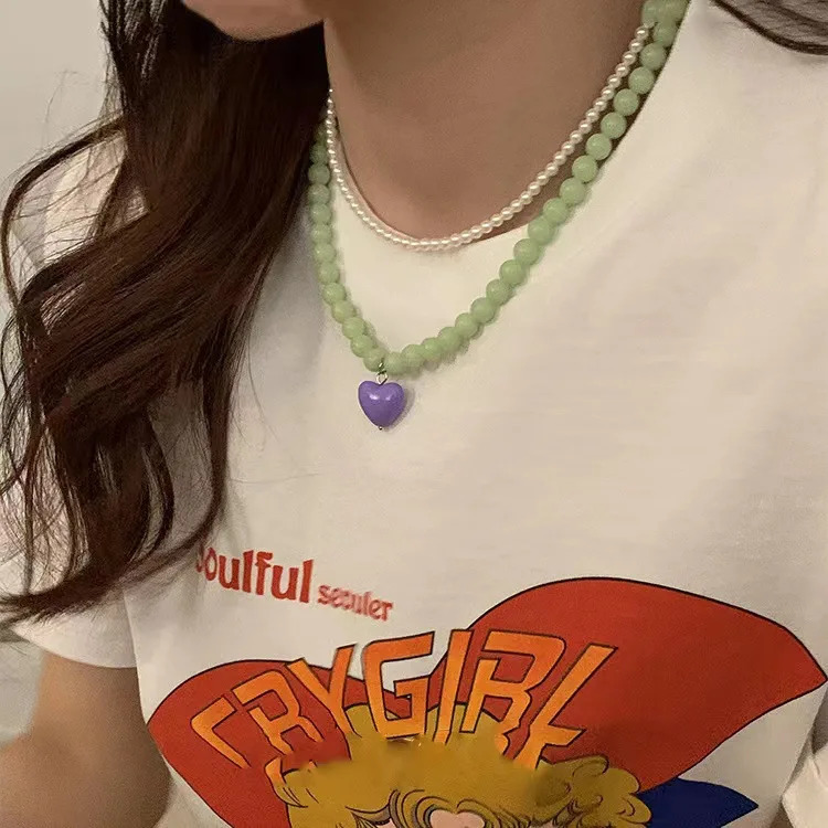 Color Beaded Chain Resin Heart Pendant Necklace For Women Girls Trendy Clavicle Chain Delicate Jewelry Gift 250729