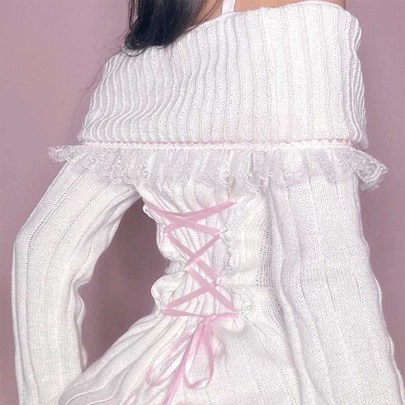 2K Cable Knitted Ribbon Tie-Up Sweater Kawaii Lace Trim Off Shoulder Pullovers Preppy Aesthetic Vintage Jumpers Cute Outfits 250723