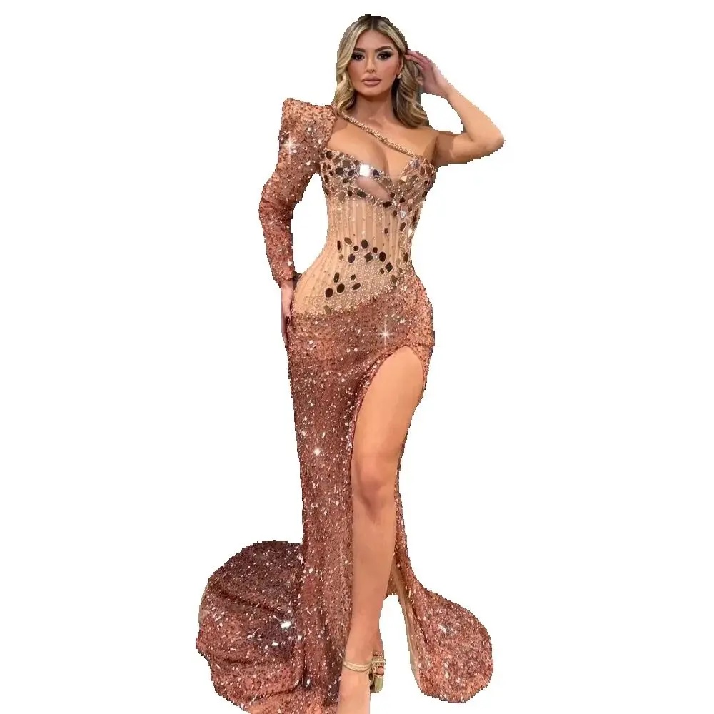 Glitter One Shoulder Evening Dresses Customized Sexy Sequined Beaded Prom Dress Side High Split Party Gown