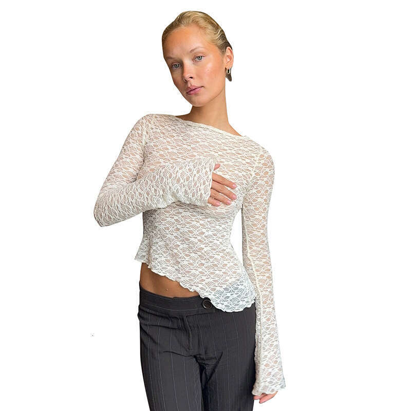 Ytp499 Women's Autumn New Solid Color Lace Asymmetrical Hem Sexy Long Sleeve T-Shirt Top B5