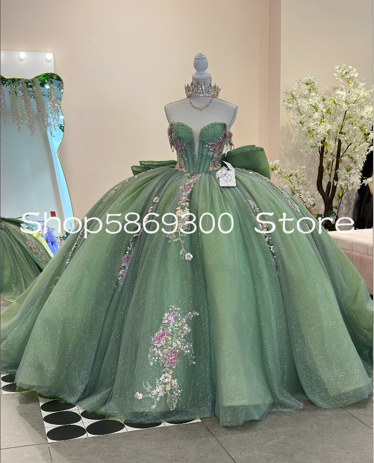Mint Green Princess Quinceanera Dresses Sparkly Sweeetheart Gillter Floral Lace-up Corset vestidos de 15 quinceaneras customsize
