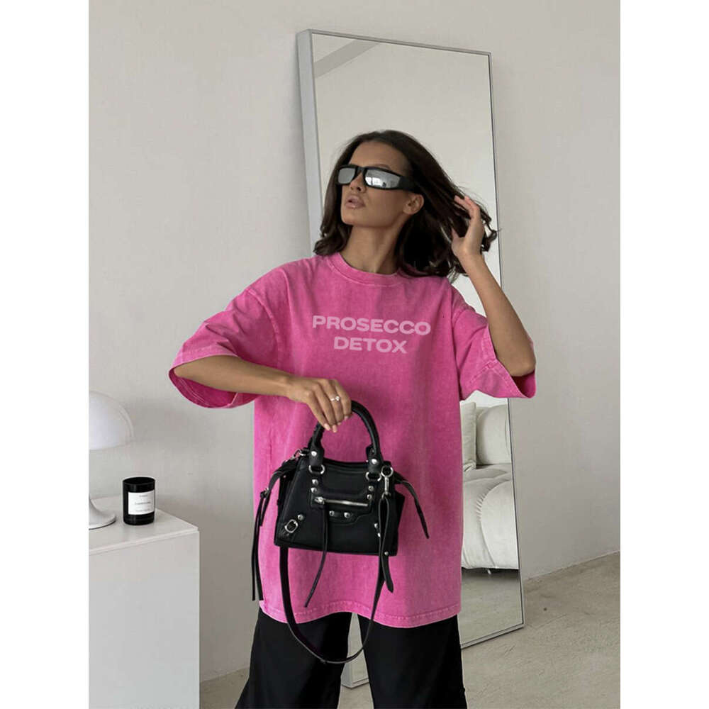 Loose Fit Letter Print Short Sleeve T-Shirt For Women Summer New Washed Vintage Design Base Shirt Ins B5