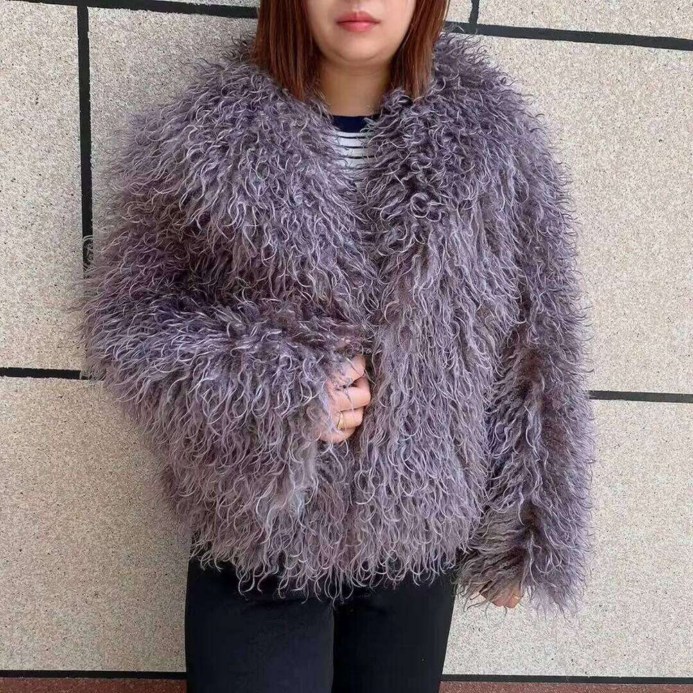 LHXDW Women's fake Mongolian fur coat with big collar, autumn and winter fashionable faux fur coat, beach wool jacket