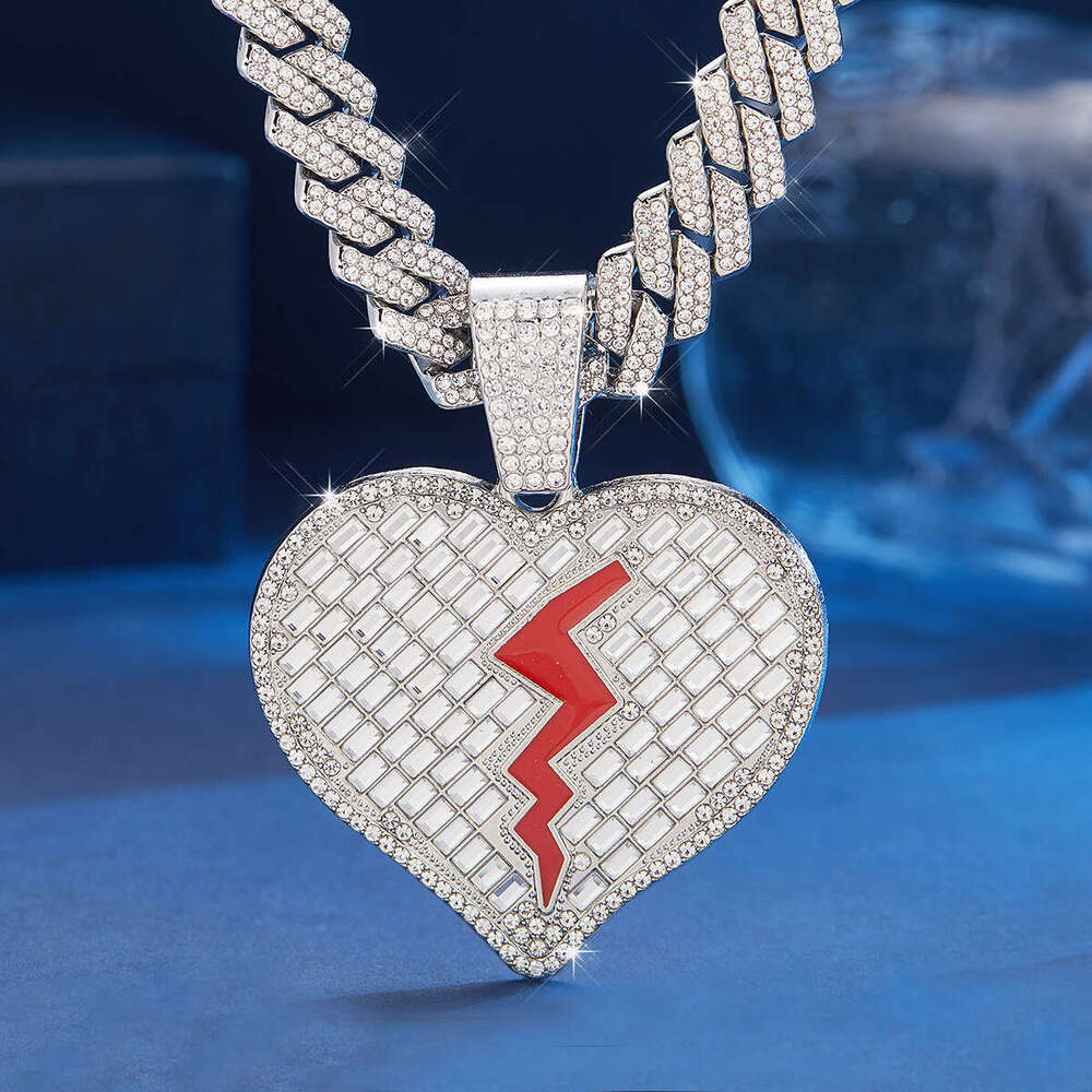 Full Dia Oil Drop Heartbreak Love Heart Pendant Hip Hop Exaggerated Alloy Cuban Chain Creative Trendy Necklace