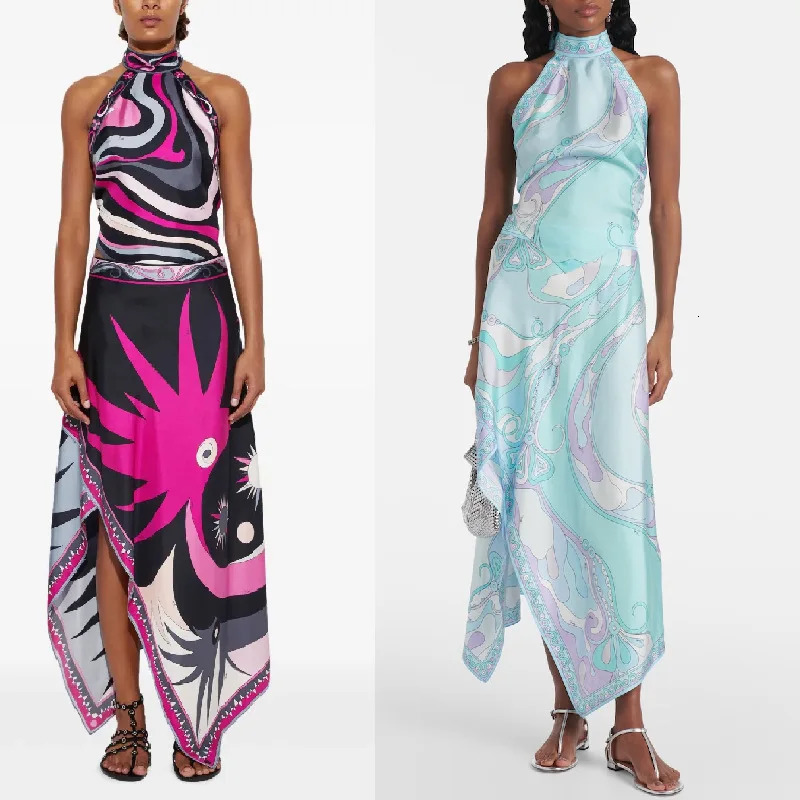 Printed Satin Halter Backless Top and Asymmetrical Mini Skirt TwoPiece Set for Women Elegant Fashionable Ensemble 250729