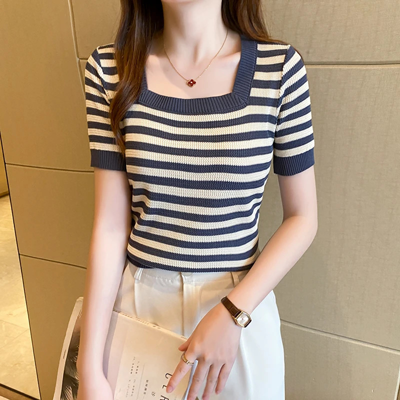 Summer Short Sleeve Striped TShirt Women Knitted Shirts Pullover Tops Female Elastic Casual Knit Tee Womens TShirts Crop Tops 250724