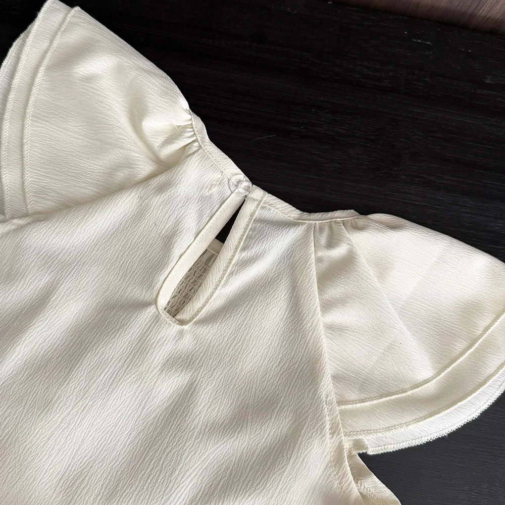 Summer Solid Color Girls Suit Korean Version Double Layered Flying Sleeve Wave Embroidered TopPants Set for 3-7 Year Old 250729