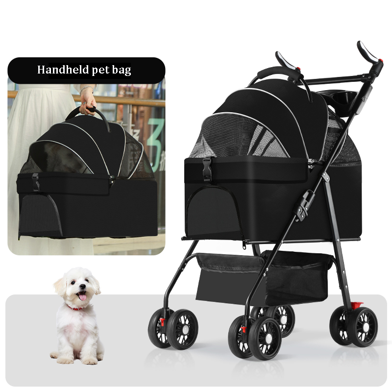 Pet stroller suitable for small and medium-sized cats and dogs, with detachable straps, easy to fold, detachable lining, storage basket+cup holder