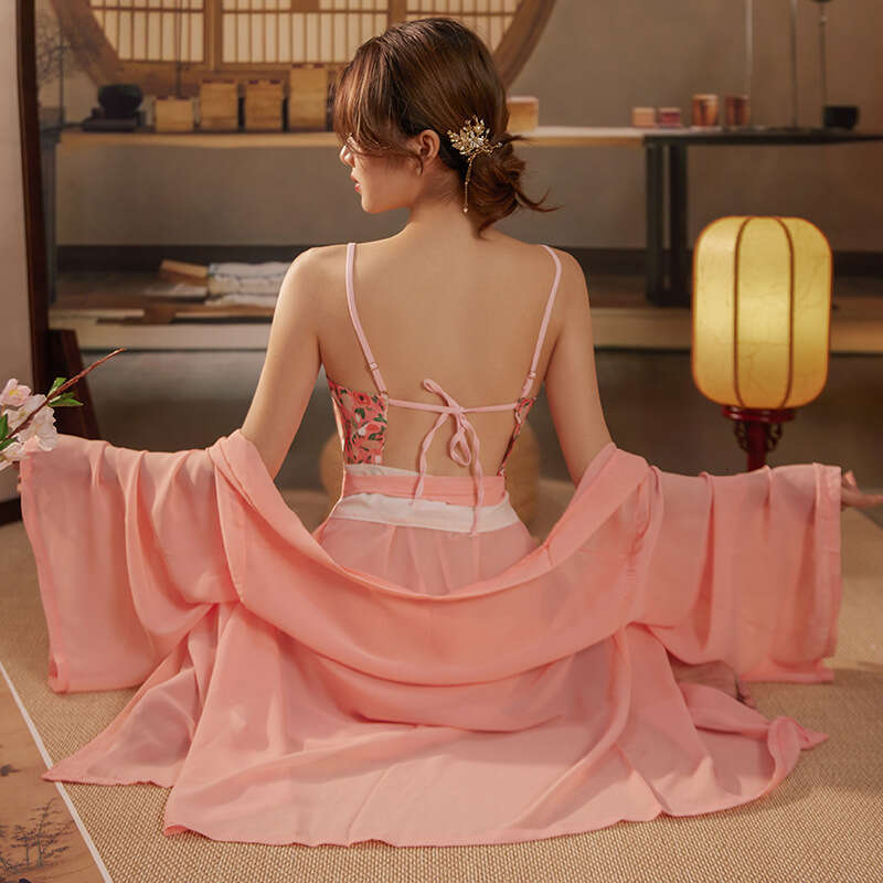 Sexy Lingerie Bellyband Hanfu Ancient Style Role Play Uniform Flower Girl Pajamas Homewear Set