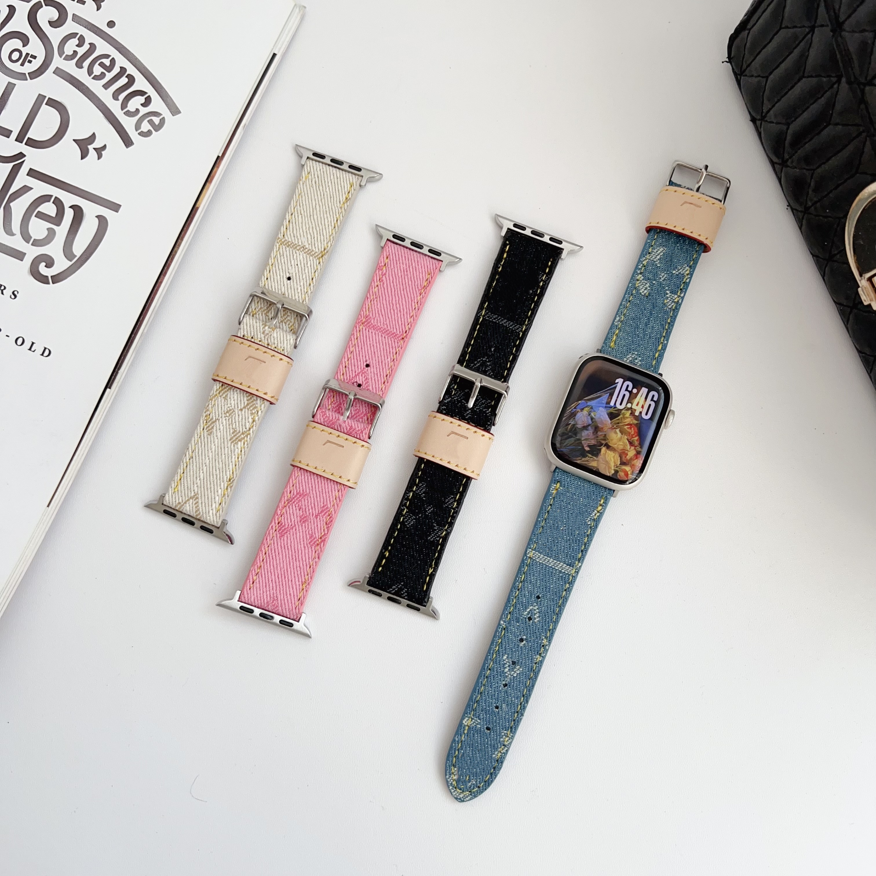 Flowers Denim Canvas Straps Designer Apple Watch Band for Apple Watch Series 10 9 8 7 6 5 4 3 2 SE Ultra Band 49mm 38mm 40mm 41mm 44 MM 45mm 42mm 46MM iWatch band Smart Straps