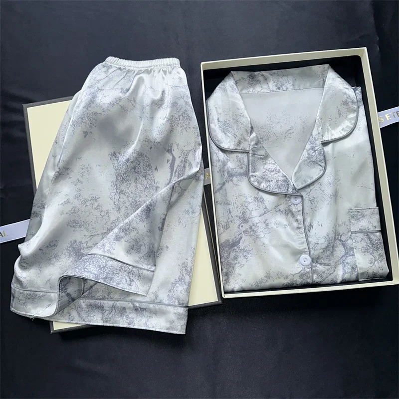 2 Pieces Print Sleepwear Faux Silk Satin Nightwear Pyjamas Fashion Casual Pajama Women Shorts Pajamas Set Ink Painting Outfits 250730