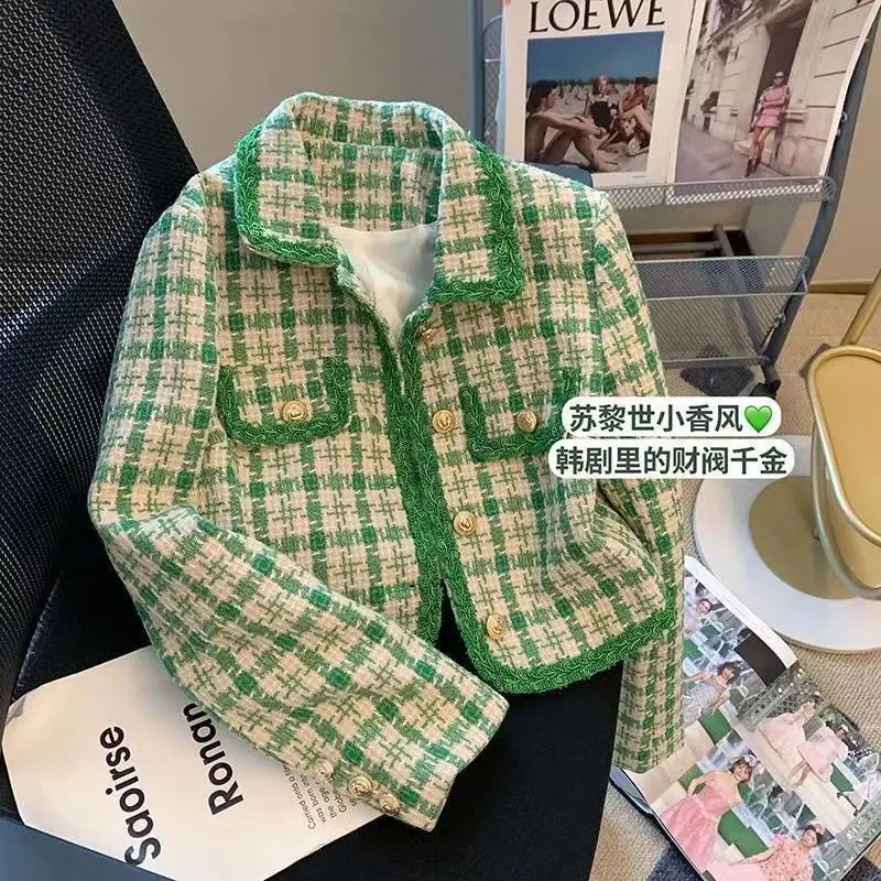 Korean Tweed Jacket Vintage Green Outerwear Spring Autumn Women Coat Cropped Long Sleeve Button Turndown Collar Suit 250730
