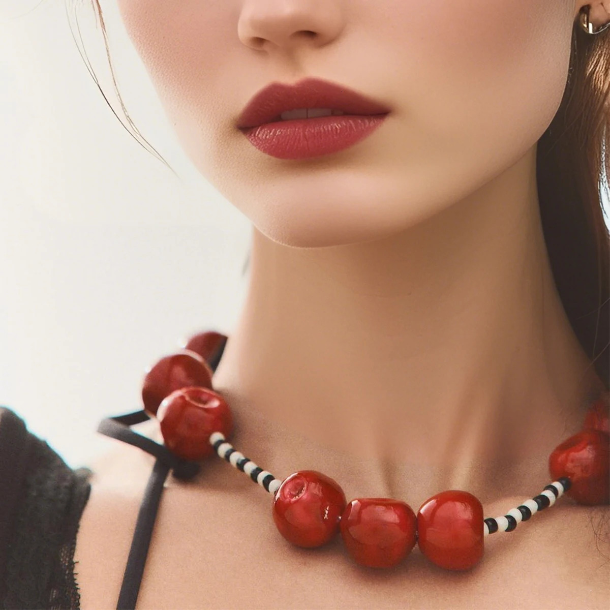 ZAA Women Necklaces Jewelry 2025 Trend Cherry Pendant Summer Boho Resin Beaded Choker Fashion Holiday Party Accessories 250729