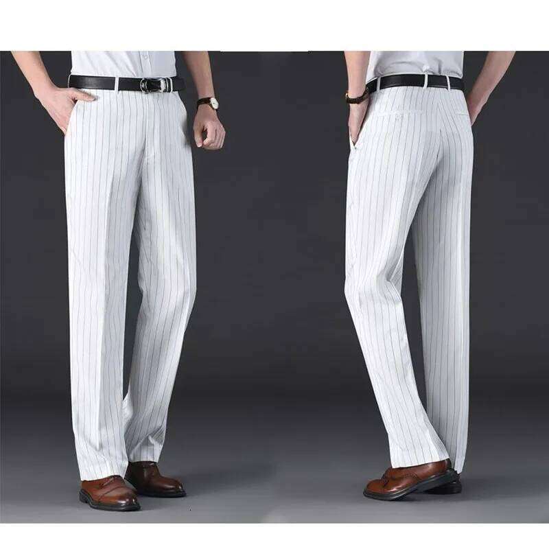 England Style New Men Casual Summer Thin Straight Anti-Wrinkle Striped Trousers Loose Business Vintage Cootrast Color Suit Pants
