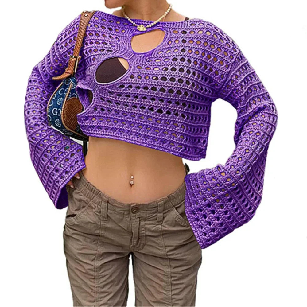 Y2K Hollow Out Crop Top Knitted Retro Long Sleeve T-Shirt Women Summer Sun Protection Breathable Cardigans Patched 250725