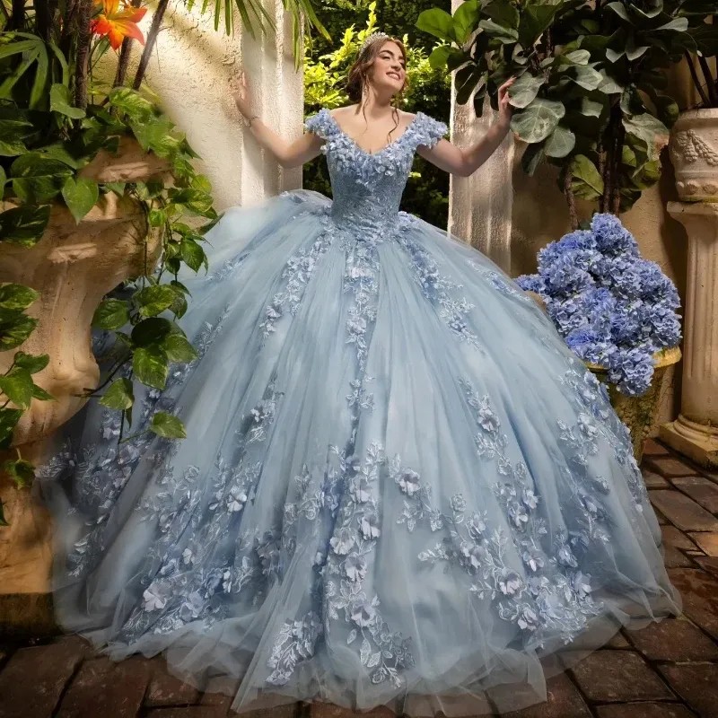 Sky Blue V-Neck Ball Gown Quinceanera Dresses Off The Shoulder Appliques Lace Flowers Vestido De 15 Anos Sweet 16