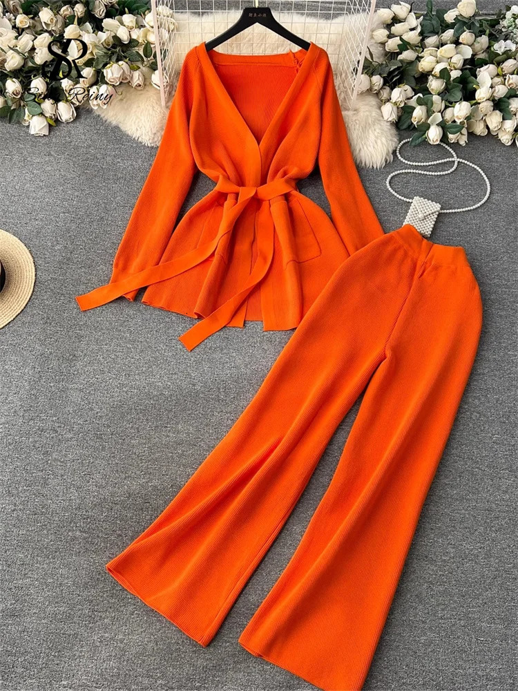 SINGREINY Winter Casual Two Pieces Suits Long Sleeve Knitted Cardigan CoatElastic Waist Wide Leg Pant Female Loose Sweater Sets 250730