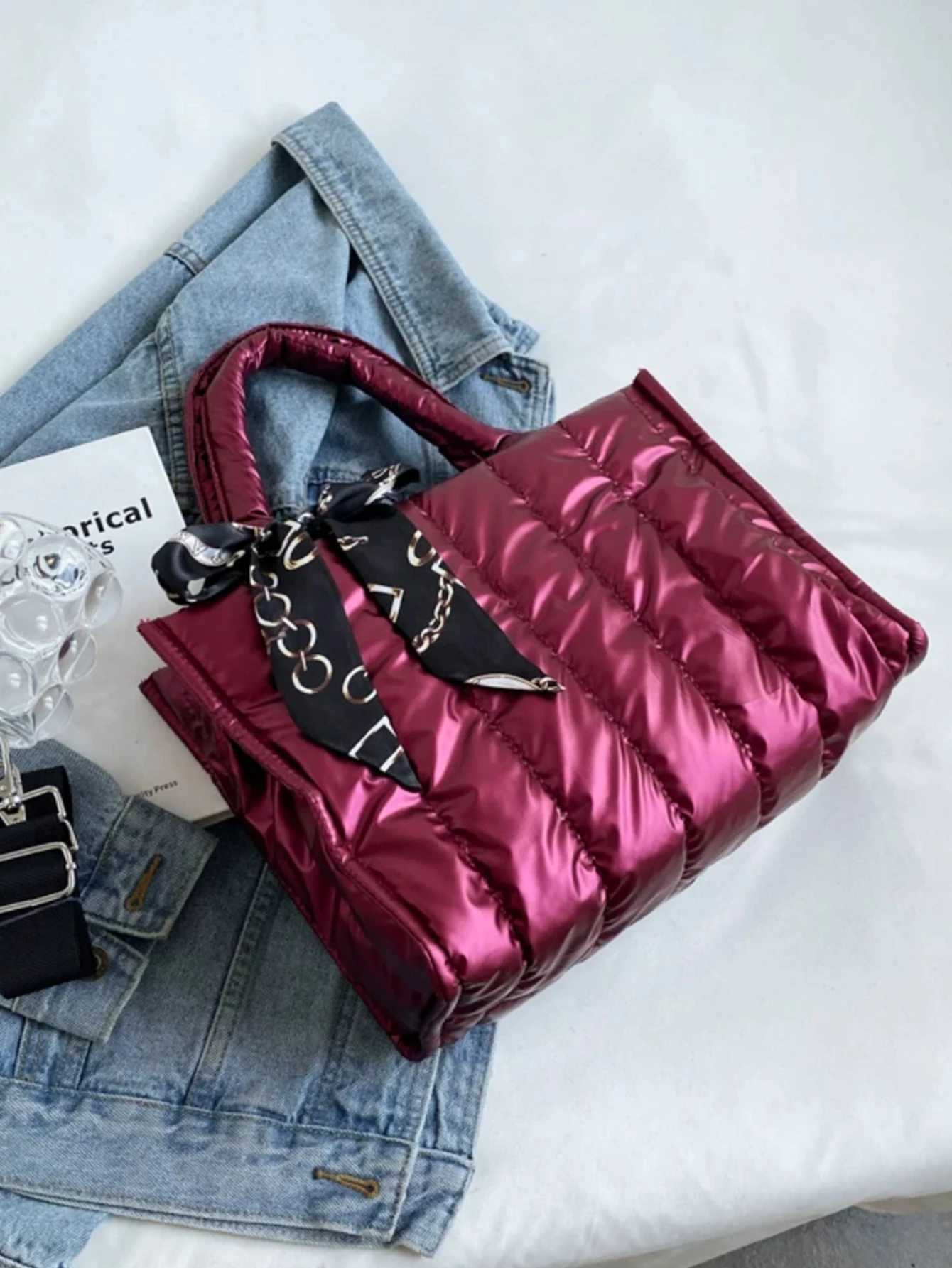 Urban Stylish Shoulder Bag Quilted Fabric Tote with Metal Chain Scarf Lightweight 0.3kg for Off Travel Y250730