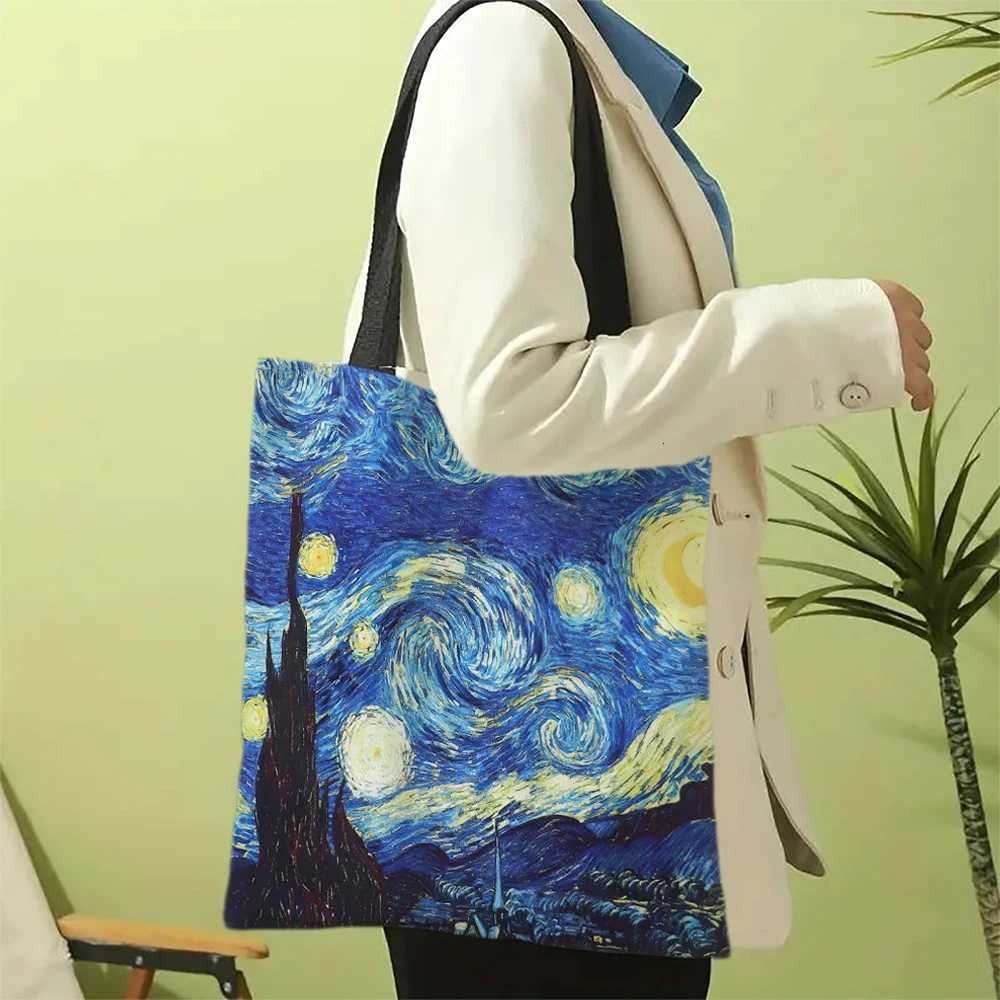 Canvas Bag Van Gogh Series Canvas Bag Oil Painting Starry Night Sunflower Apricot Flower Coffee Holder Handbag 30X35cm G250729
