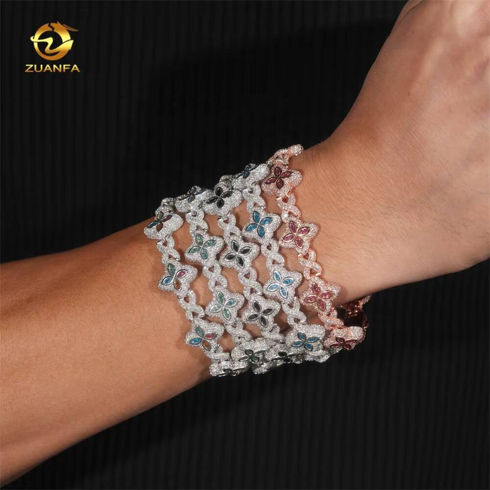 Hot Selling Colorful Hip Hop Iced Out Jewelry 15mm 925 Silver Clover Cuban Moissanite Infinity Link Bracelet for Men