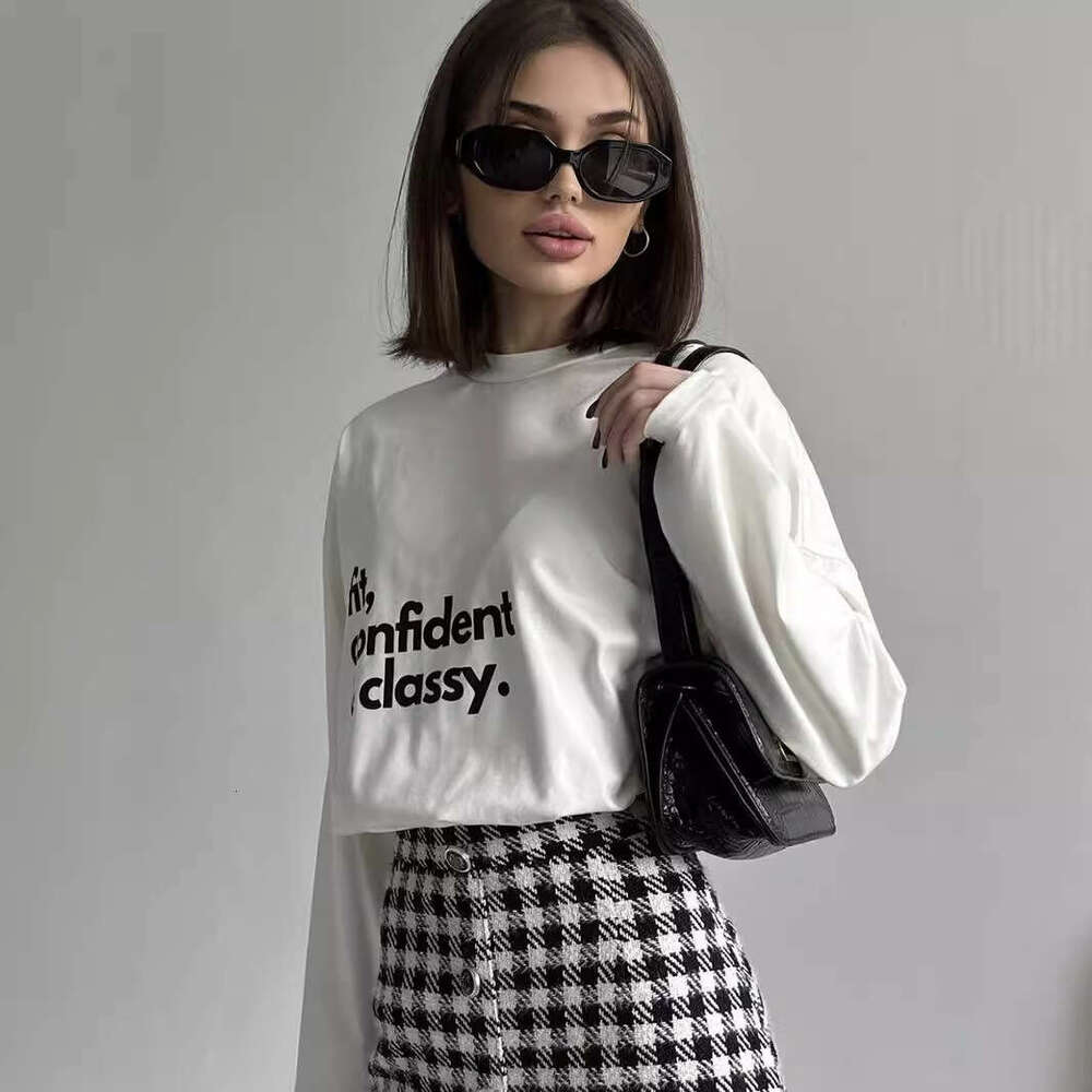 American Style Printed T-Shirt For Women, Pure Cotton Long Sleeve Letter Pattern Loose Top Ins B5