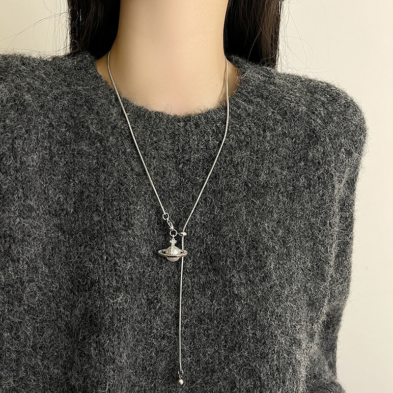 Empress Saturn Pearl Pendant Necklace for Women Beach Lady Pendant High-End Adjustable Titanium Steel Sweater Designer necklace Chain Accessory Non-Fa