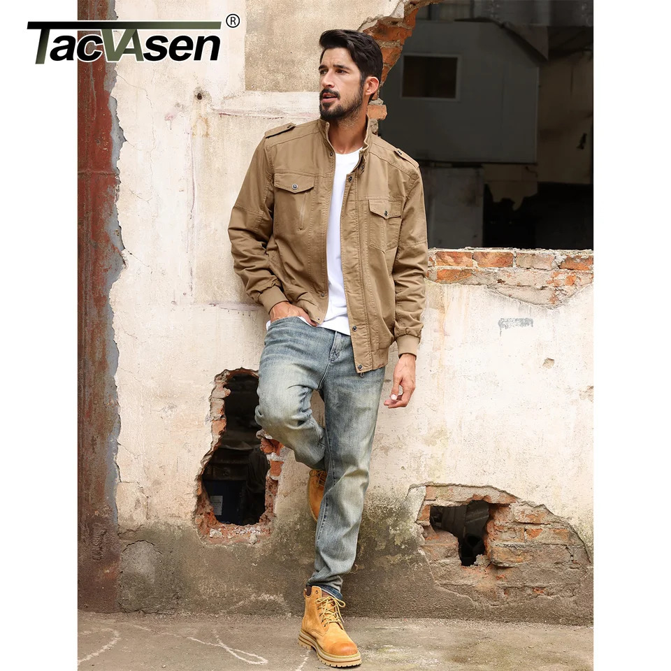 TACVASEN Full Zip Cargo Jacket Mens Retro Stand Collar Pilot Spring Autumn Lightweight Bomber Casual Outwear 250730