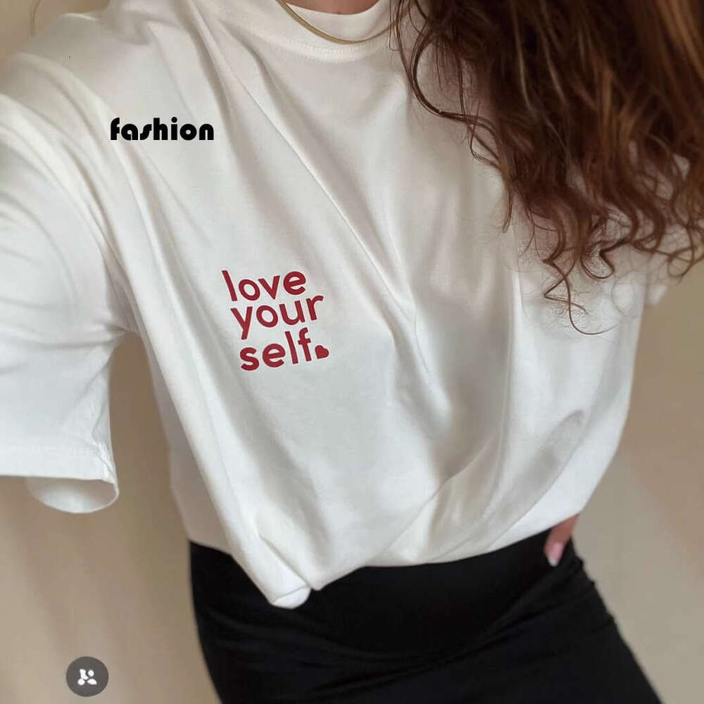 Minimalist Letter Print T-Shirt For Women, Summer Versatile Loose Round Neck Pure Cotton Short Sleeve Top B5 h6