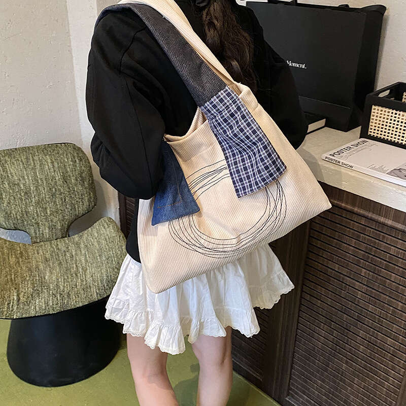 2025 New Artistic Casual Patchwork Corduroy Tote Niche Design Handheld Commuter Shoulder Bag