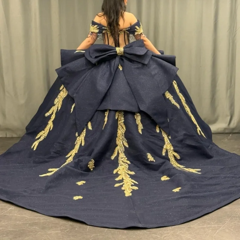 Navy Blue Shiny Quinceanera Dresses Off The Shoulder Gold Applique Lace Beading Bow Tulle Vestidos De 15 Anos Sweet 16 Dress