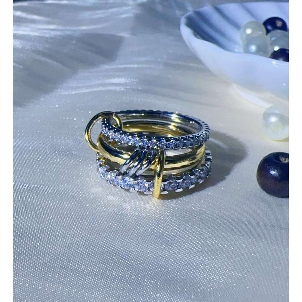 Stainless Steel Interlocking Full Diamond Zircon Ring Two-tone Multi-element New Hot Item