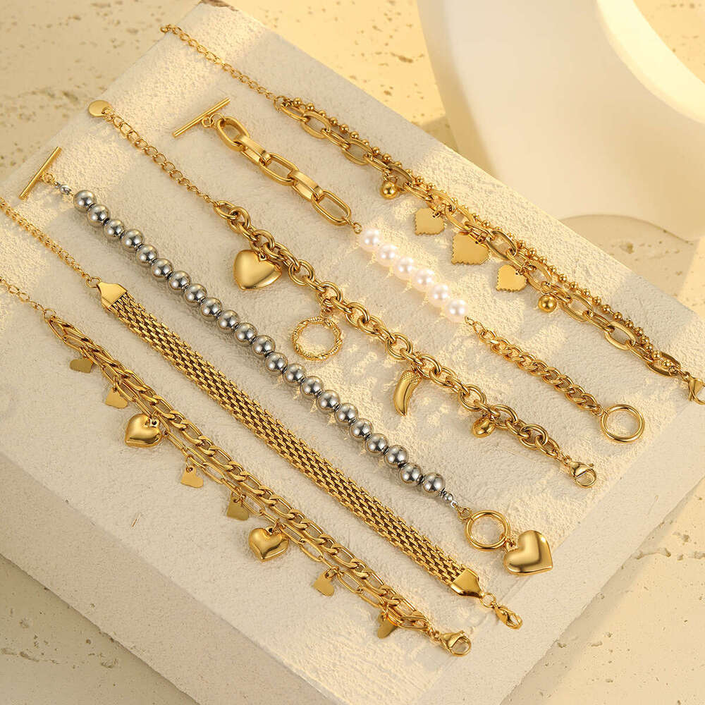 Woven Niche Pearl Three-Dimensional Heart Pendant Versatile Stainless Steel Bracelet for Women