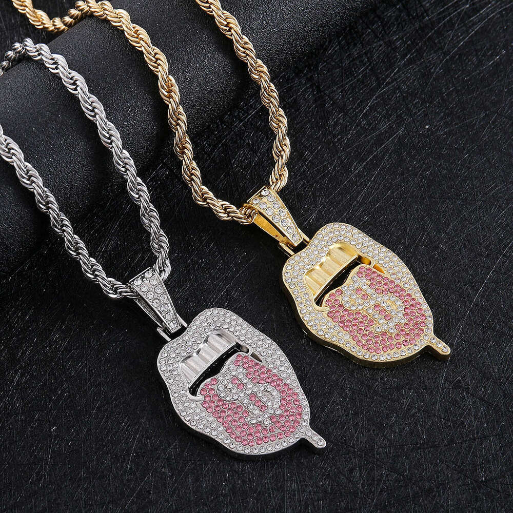 Full Dia Multi-color Tongue Shape Pendant Hip-hop Rap Personality Exaggerated Decoration Necklace