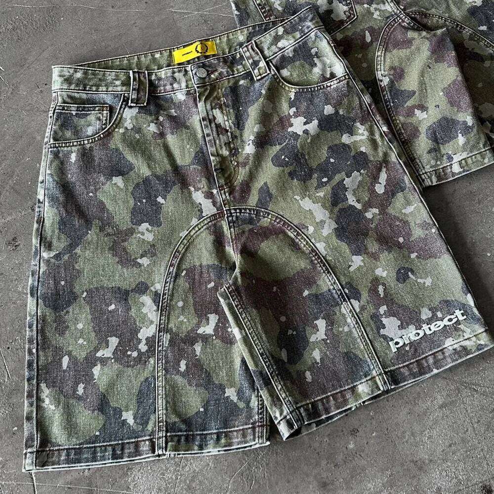 Leaves Camouflage Denim Y2k Jeans Men Hip Hop Lettering Embroidery Retro Baggy Shorts Low Waist Over The Knee Pants