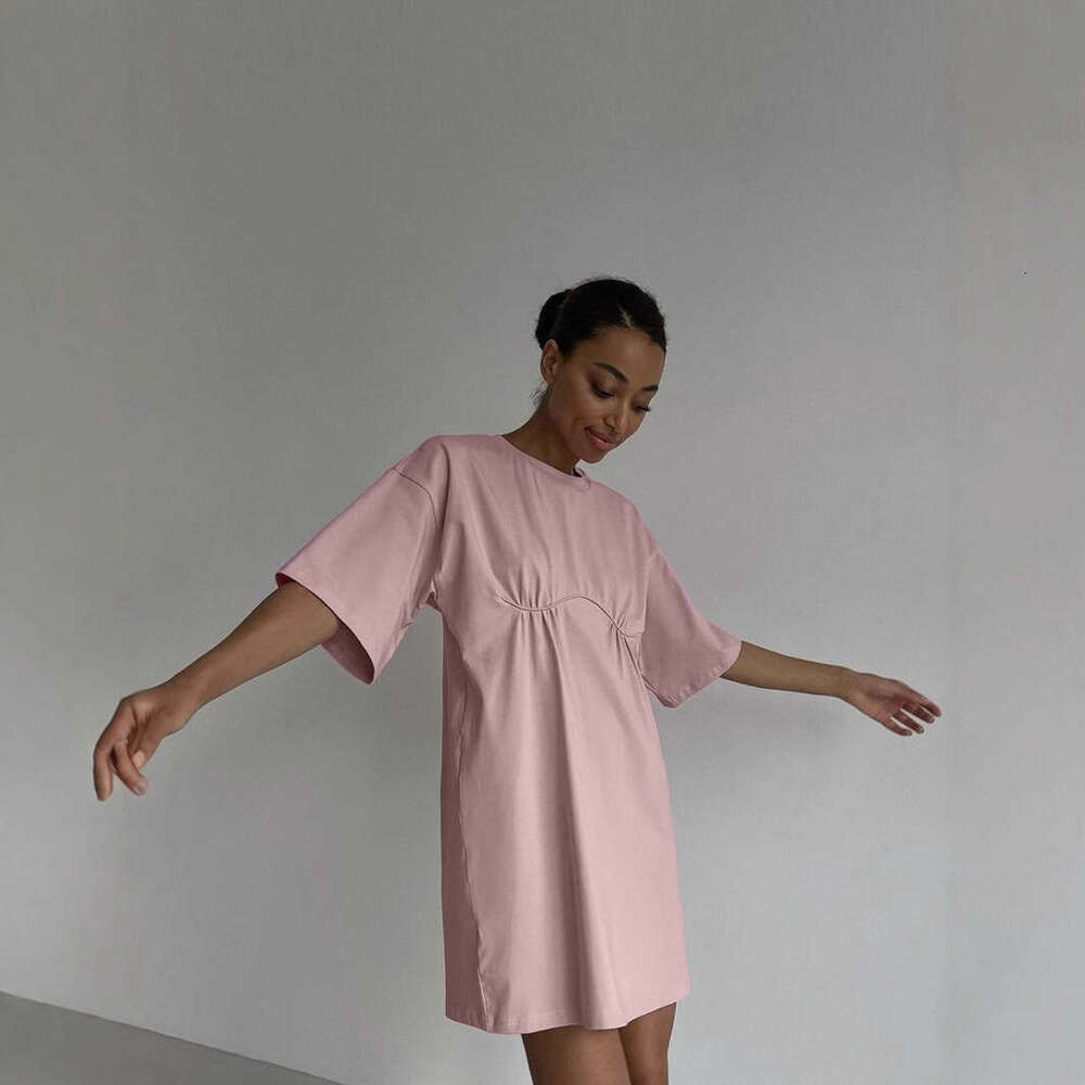 Summer New Pure Cotton Style Casual Loose T-Shirt Round Neck A-Line Dress Women's Clothing B5