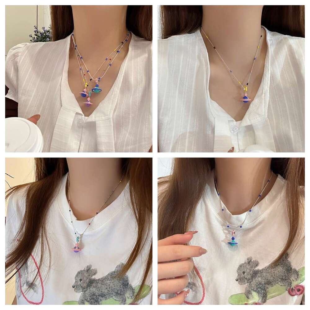 2025 Summer New Dopamine Fun Beaded 3D Saturn Necklace Fresh Sweet Colorful Glaze Collarbone Chain d1a