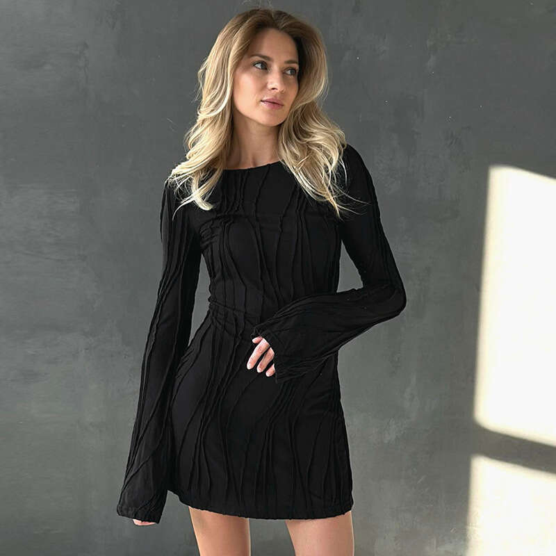 Yds427 Women's Autumn New Solid Color Round Neck Wave Stripe Long Sleeve Bodycon Dress B5