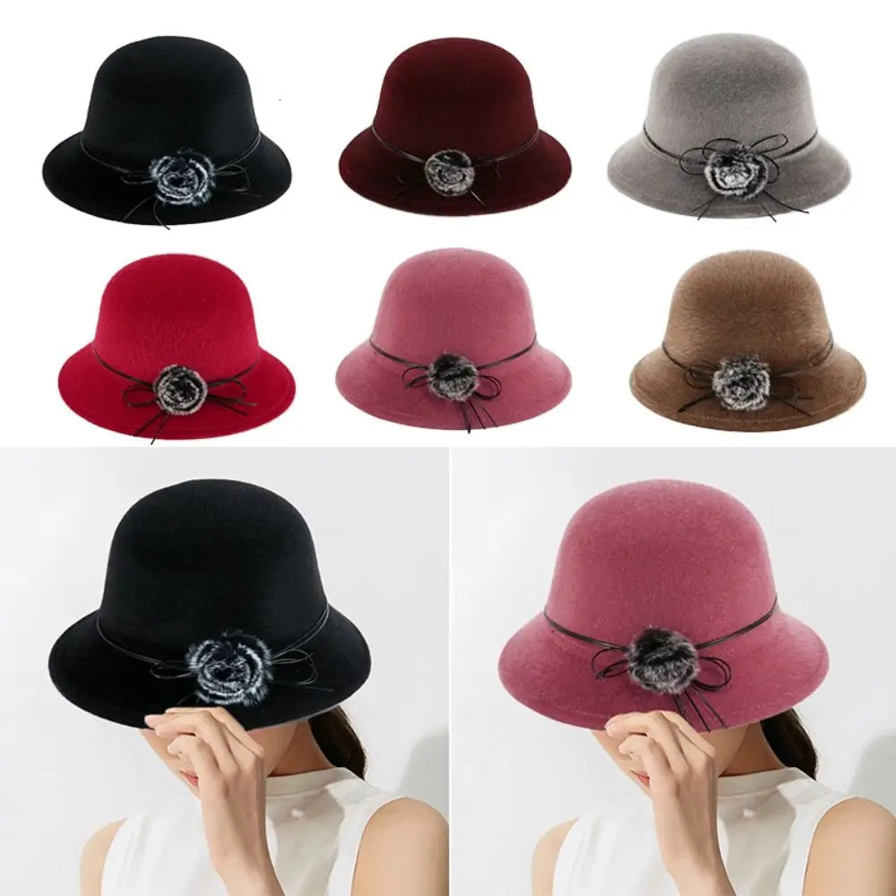 Vintage Outdoor Warm Ladies Fedora Hat with Fur Ball Solid Color Casual Basin Hat Windproof Fisherman Hat for Autumn Winter 250724