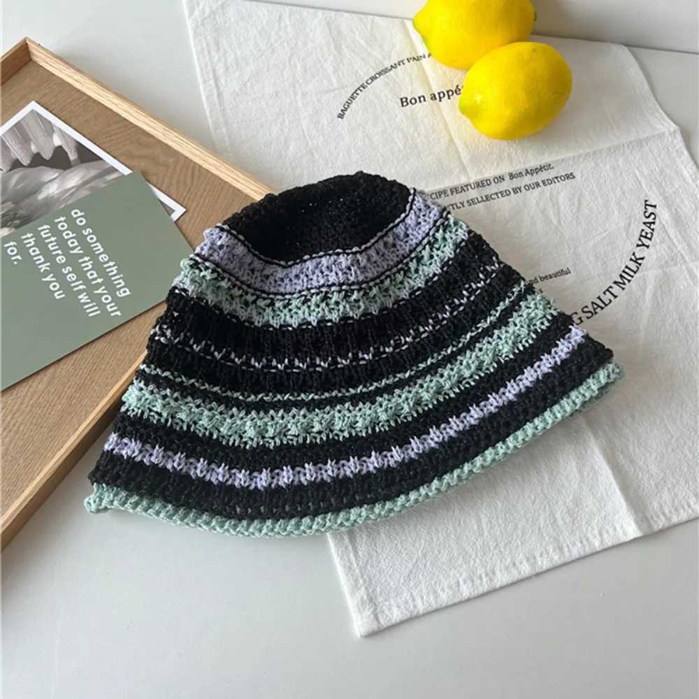 Fashion Striped Fisherman Hat Big Eaves Breathable Crochet Hat UV Protection Mticolor Str C Outdoor Y250730