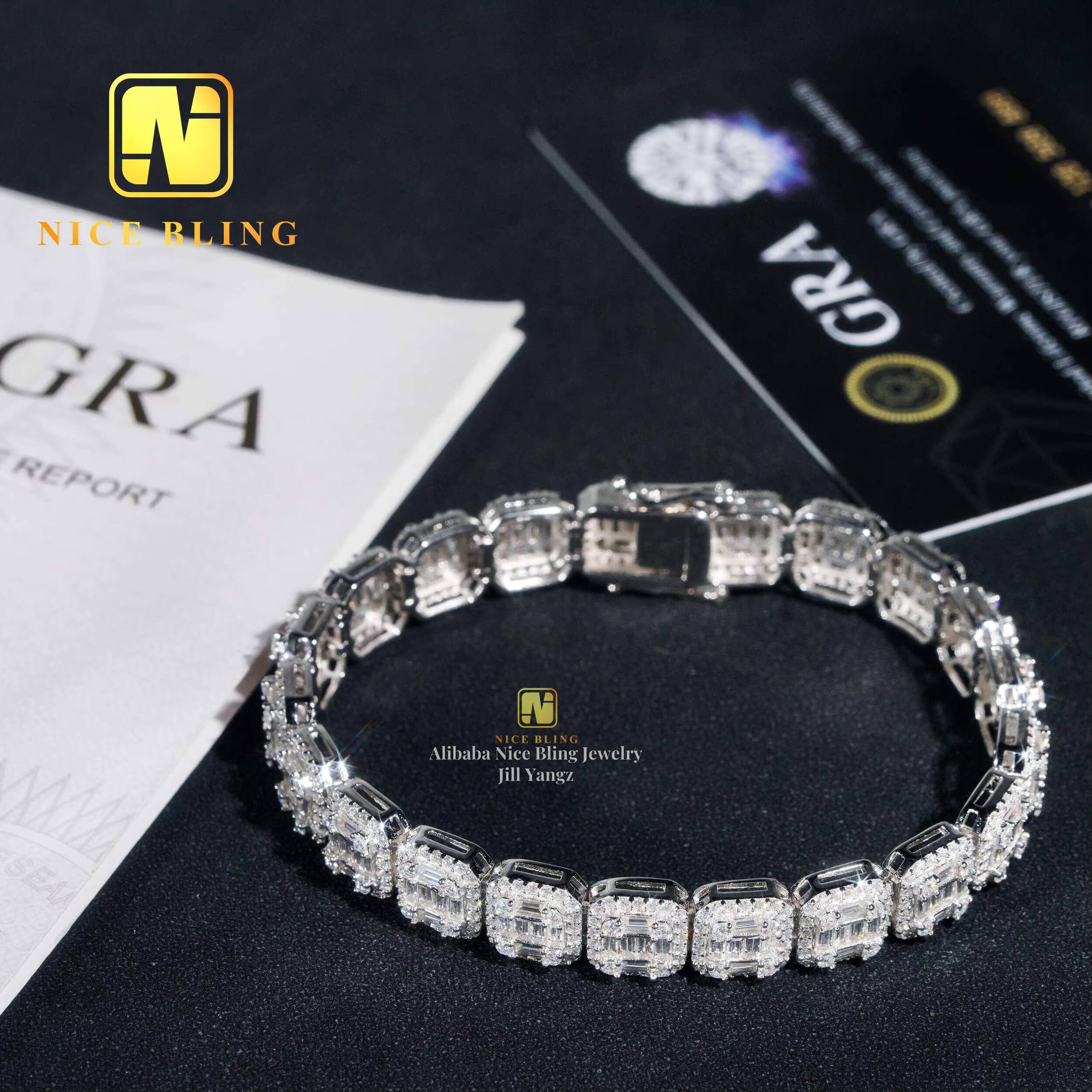 Nice Bling Jewelry Baguette Moissanite Cuban Bracelet Hip Hop Rock Moissanite Cuban Chain 925 Silver