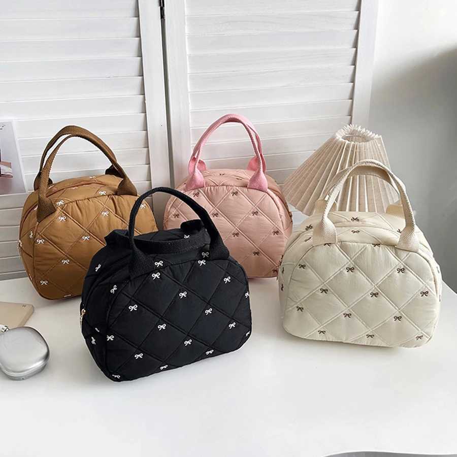 Stitching Embroidery Butterfly Knot Handbag Korean Style Soft Cotton Commuter Lunch Box Bag Student Handheld Bag Pouch Y250729