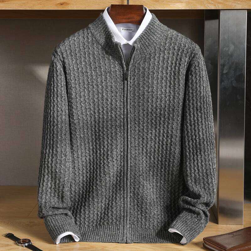 Men's Zipper Mock Collar Thickening Cardigan 100% Merino Wool Flower Yarn Sweater Cashmere Knitwear Autumn Winter Coat Tops MDNG