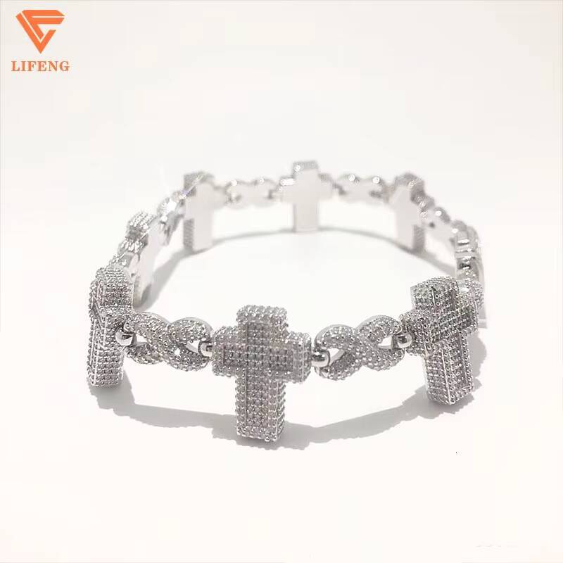 New Design Iced Out Cross VVS Moissanite Chain Hip Hop Jewelry 925 Silver 16mm Diamond Cuban Link Bracelet
