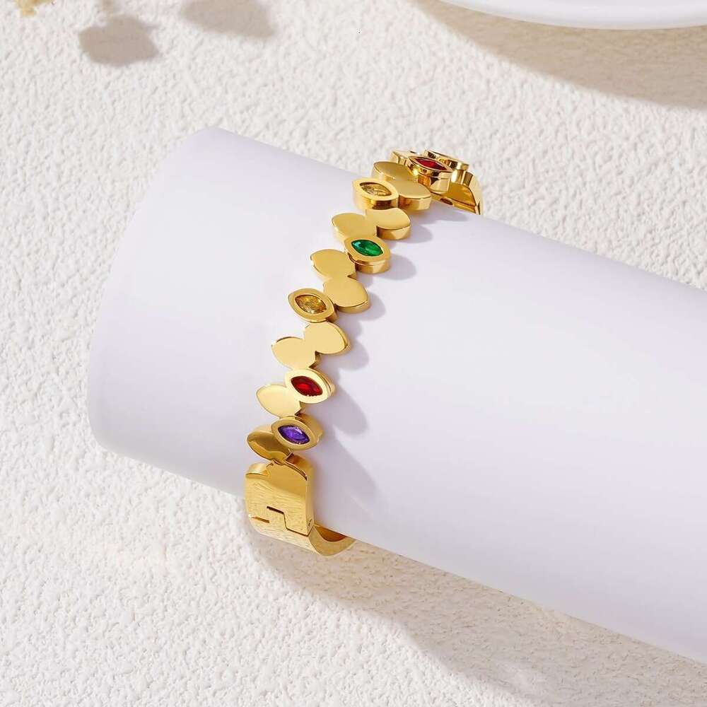 Minimalist Oval Titanium Steel Gold-Plated Personalized Micro-Inlaid Colorful Zircon Full Dia Bracelet Ins Fashion Women's Jewelry