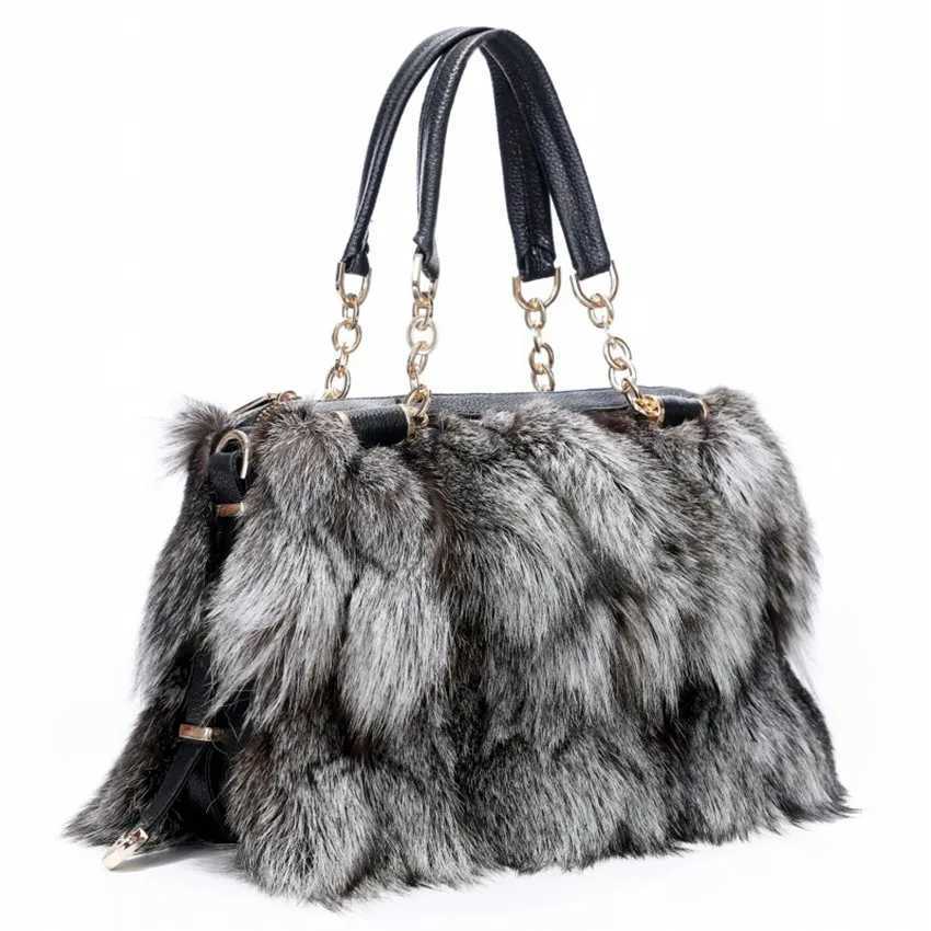 Womens Luxury Real Fur Shoulder Bag Natural Fluffy Fox Fur Crossbody Bag Womens Designer Large Capacity Fashion Handbag G250729