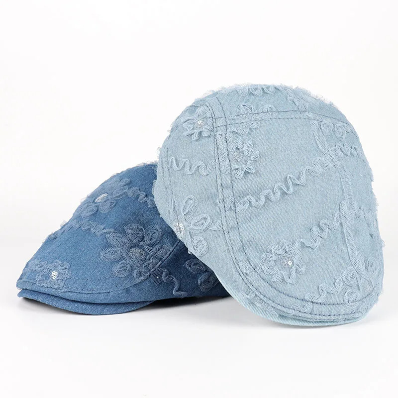 Lace Denim Beret Women 2025 France boinas de mujer Spring Summer Womens Hat sboy Cap Vintage y Blinders Denim Flat Hats 250729
