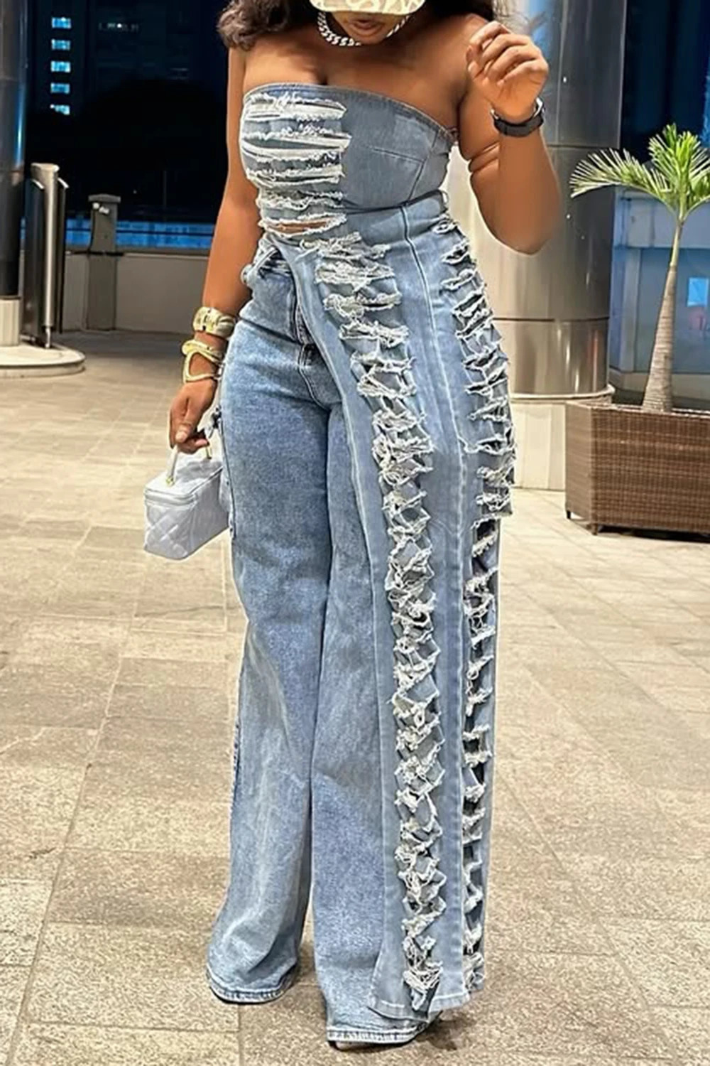 Plus Size Party Blue Asymmetric Hem Distressed Denim Two Piece Pant Sets 250730