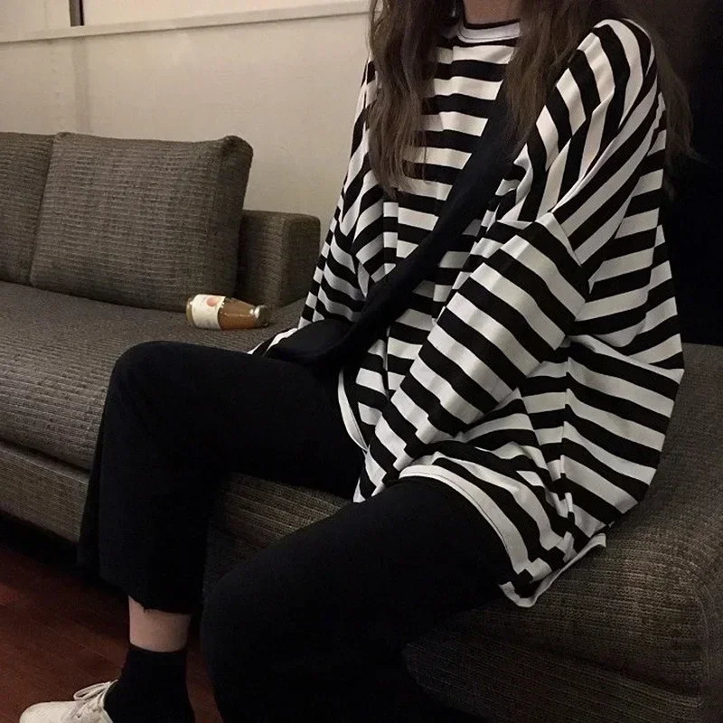 Spring Autumn Women Harajuku Striped TShirt Long Sleeve ONeck TShirts Korean Casual Oversized Femme Black Tops 250729