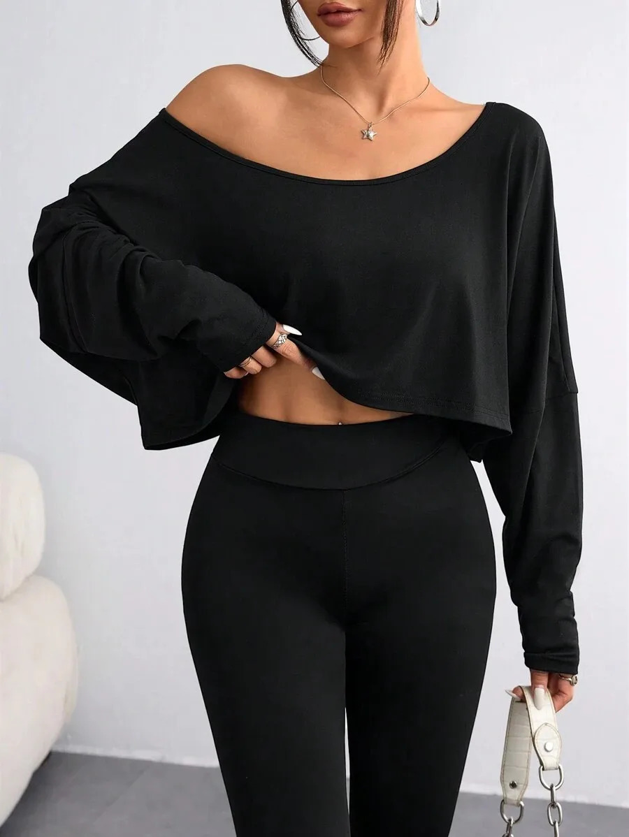 Womens Black Long Sleeve Blouse Tshirt Casual Asymmetrical Neck Strapless Top for Sporty 250729