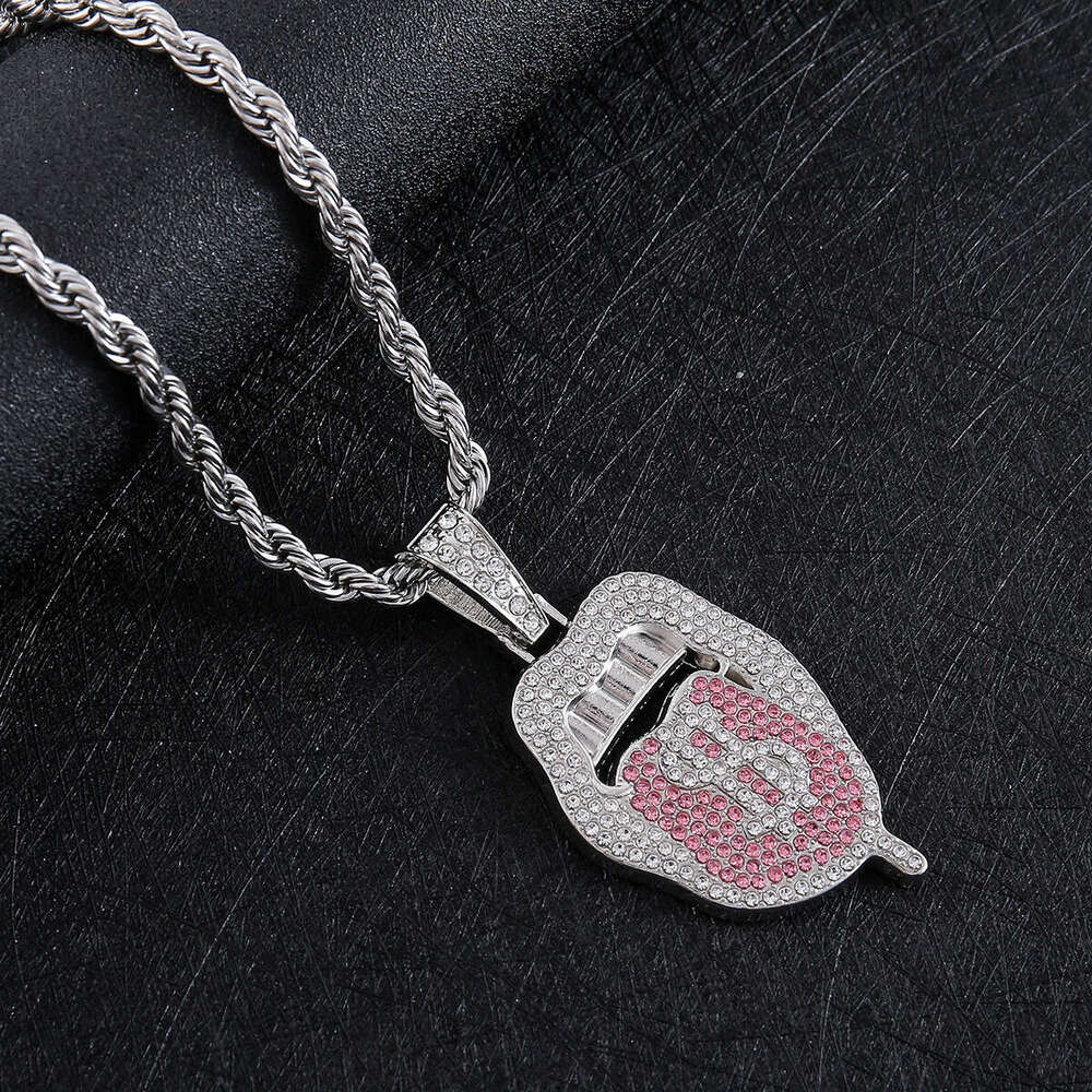 Full Dia Multi-color Tongue Shape Pendant Hip-hop Rap Personality Exaggerated Decoration Necklace